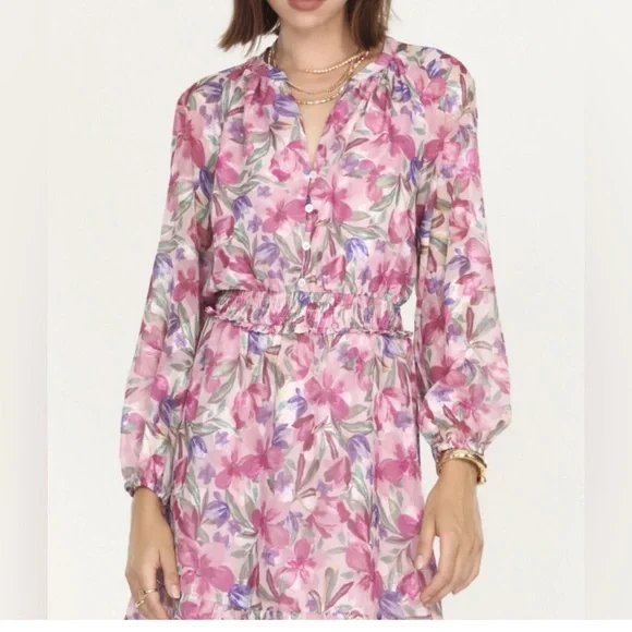 Greylin Floral Pink and Purple Long Sleeve Dress Medium - Picture 4 of 11